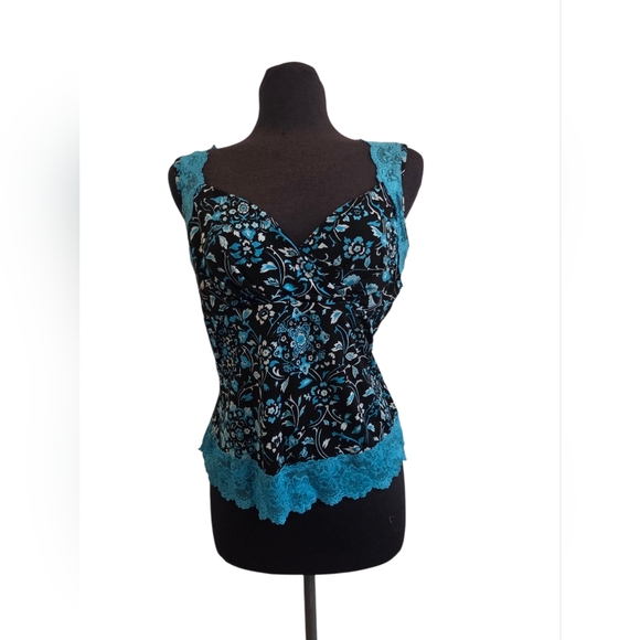 Floral Lace Trim Tank Top - Black and Blue - Picture 1 of 6